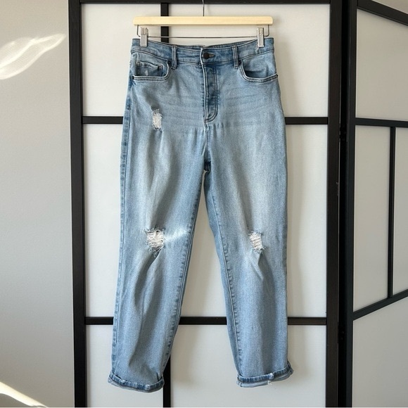 Joe Fresh Denim - Joe Fresh Distressed Hi Rise Straight Leg Light Wash Blue Denim Jeans